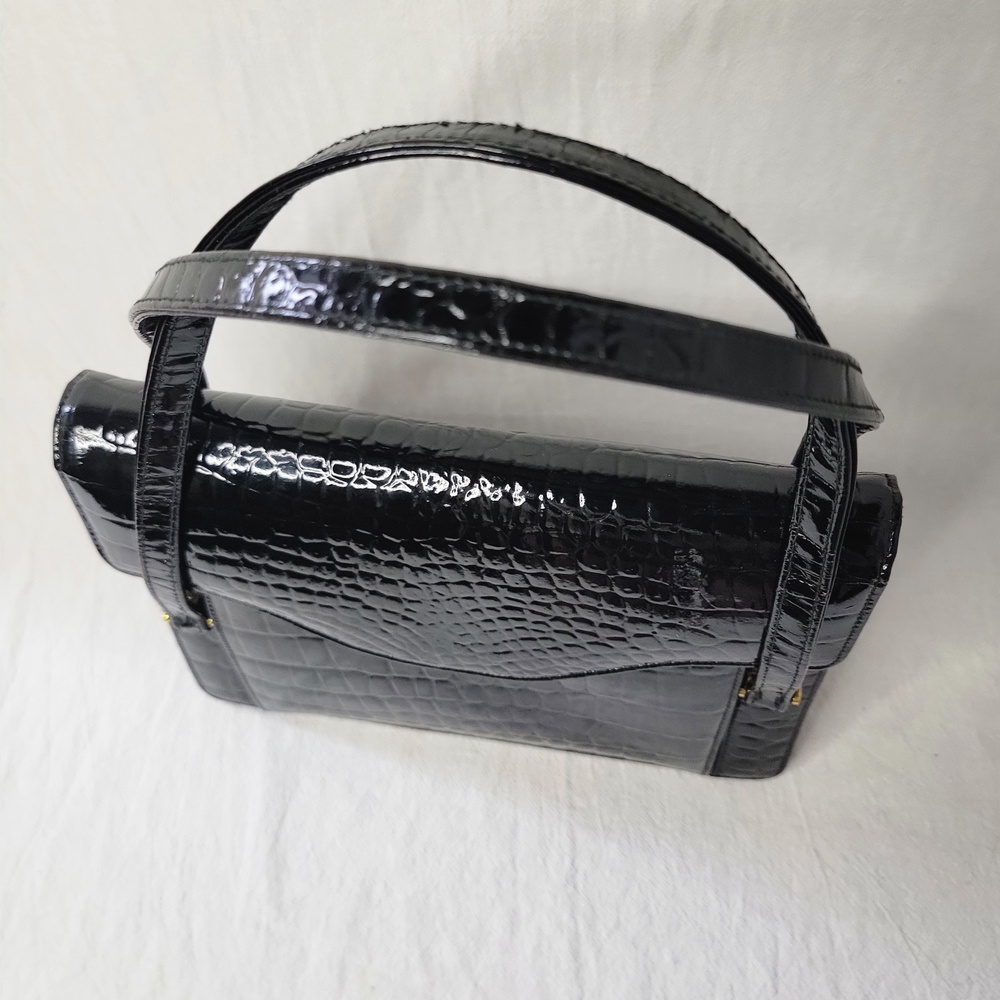 Vintage Goubaud de Paris 1950s Black Patent Croc Embossed Handbag Kelly Style - Picture 4 of 8